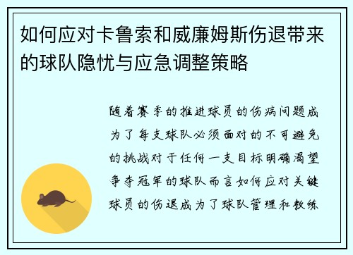 如何应对卡鲁索和威廉姆斯伤退带来的球队隐忧与应急调整策略
